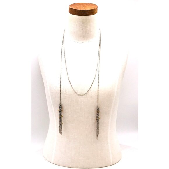 Vintage Style Long Silver Chain Necklace With Orange Bead Accents And Tassel Pen - Picture 2 of 7